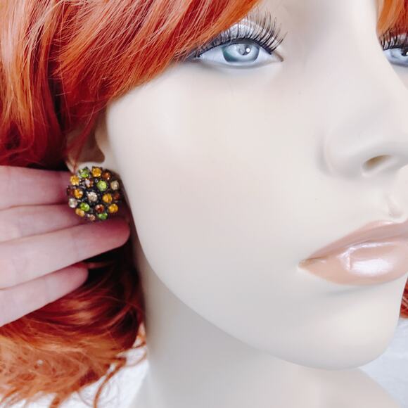 Joan Rivers Gun Metal Rhinestone Cluster Clip On Earrings Warm Fall Colors - Picture 7 of 12